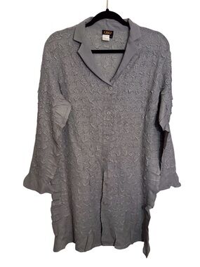 Ubu Small Gray Textured Button Up Tunic Long Sleeve Lagenlook Artsy Top V-Neck